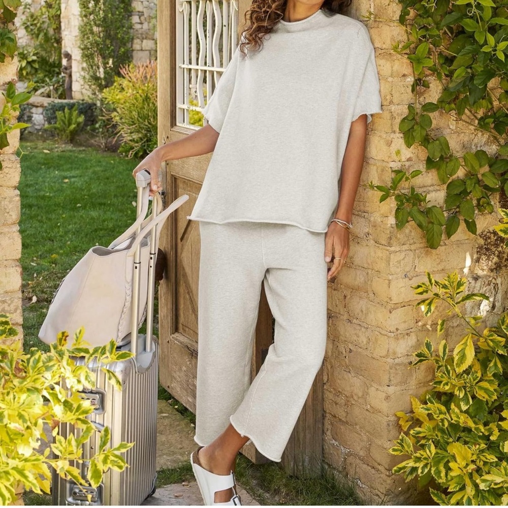 Two Piece Batwing Short Sleeve Mock Neck Pullover Top Wide Leg Pants Lounge Set